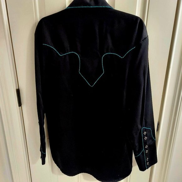 Vintage Scully Gunfighter Men's Western Button Down black w/teal piping. - Picture 3 of 7